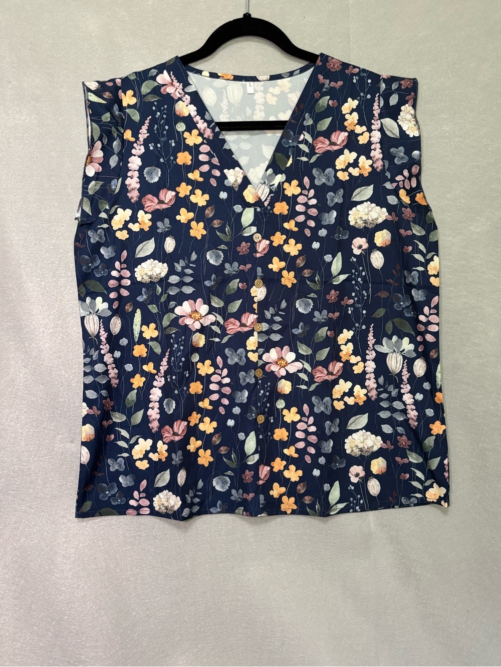 Womens Blouse Size L Regular Blue Multicolor Floral Chiffon V-Neck Sleeveless